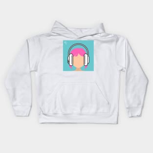 Pink Haired Girl Wearing Headphones Kids Hoodie